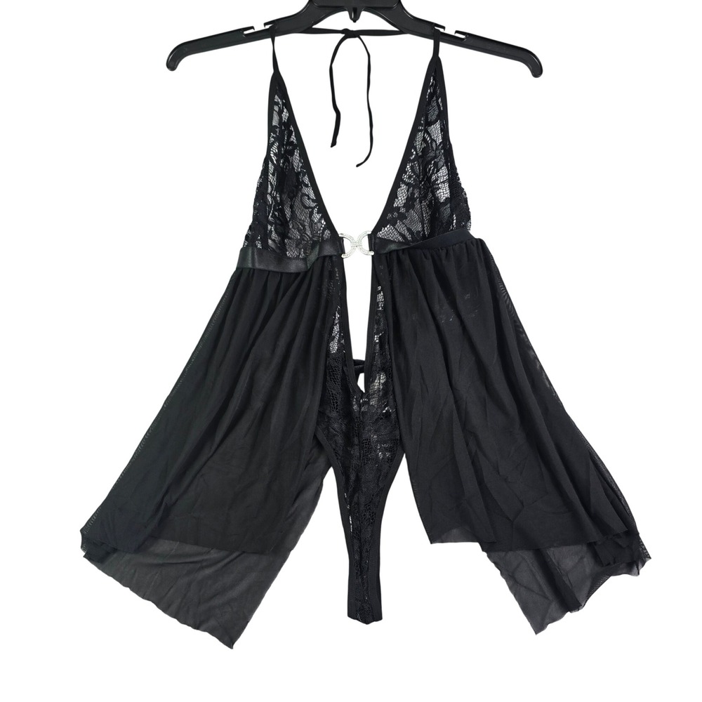 Avidlove Babydoll Lingerie Women Lg Black Fairy Deep V-Neck Lace Mesh Nightdress